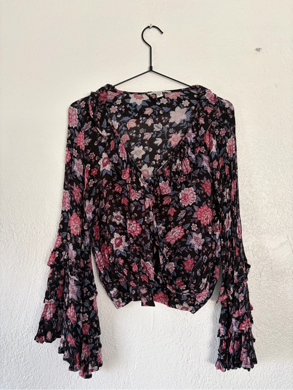 American Eagle Outfitters Black Floral Ruffle Wrap Blouse